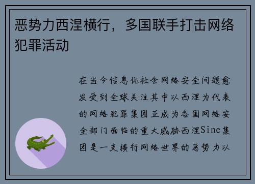 恶势力西涅横行，多国联手打击网络犯罪活动